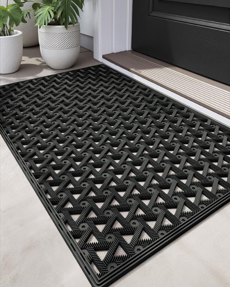 DEXI Front Door Mat Outside Entrance，19x30 Rubber Floor Doormat Heavy Duty Non Slip, Dirt Trapper Waterproof Exterior Entry Mats All Weather for Patio Entryway Drainage, Black - Image 1